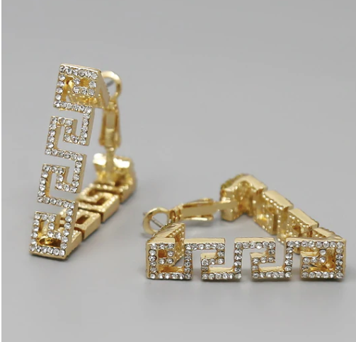 GREEK GLASS STONE PAVE TRIANGLE HOOP EARRINGS